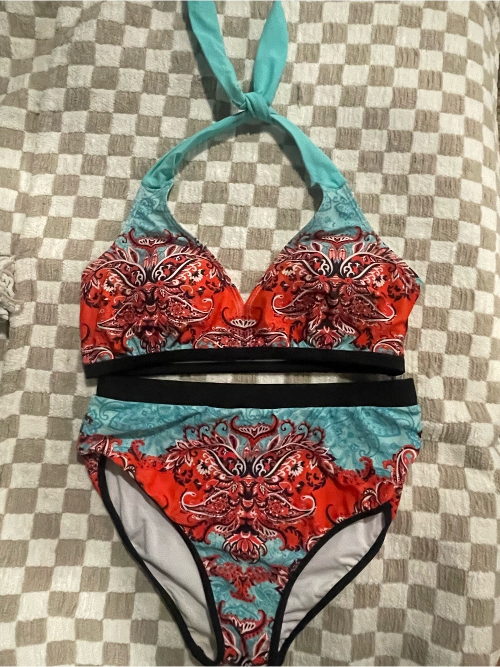 Turquoise and Red Patterned Two-Piece Halter Bikini